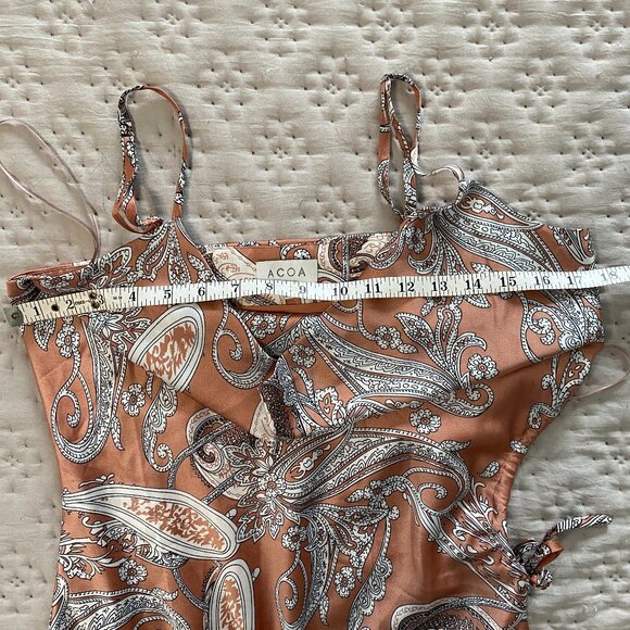ACOA Satin Paisley Mini Dress in Rust & Cream with Side Tie & Cowl Neck | Size M - Picture 11 of 11
